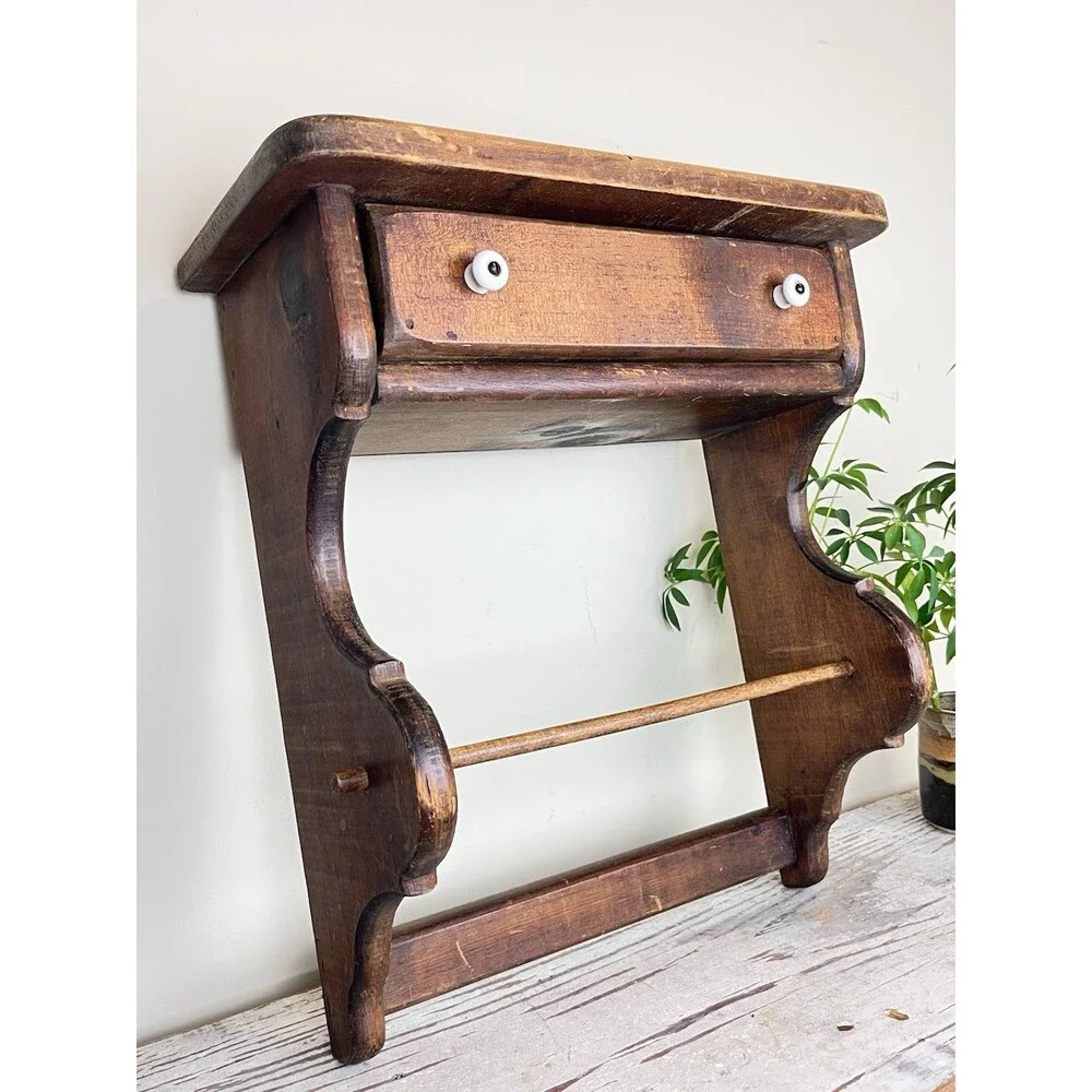Vintage Rustic Wooden Shelf White Knob Drawer Hand Linen Bar Farmhouse 16”x15”